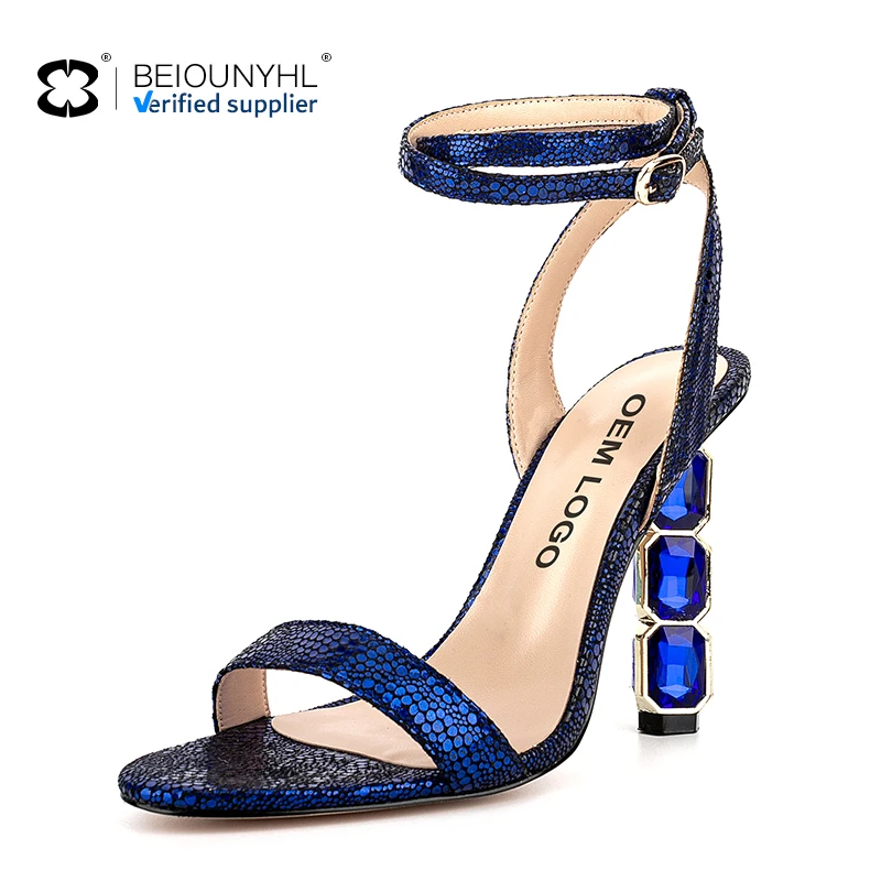 Sexy Royal Blue Diamond Rhinestone Chunky High Heel Women Dress Shoes Snakeskin Black White Ankle Strap Toe beaded ankle sandals