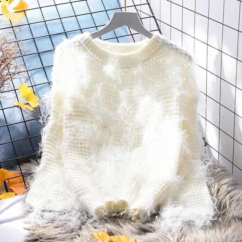 Women's 2024 Fall Casual Fall Waffle Knit Sweater Long Balloon Sleeve Loose Pullover Jumper