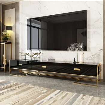 Wholesale living room furniture glass TV cabinet set gold root metal legs long coffee table set