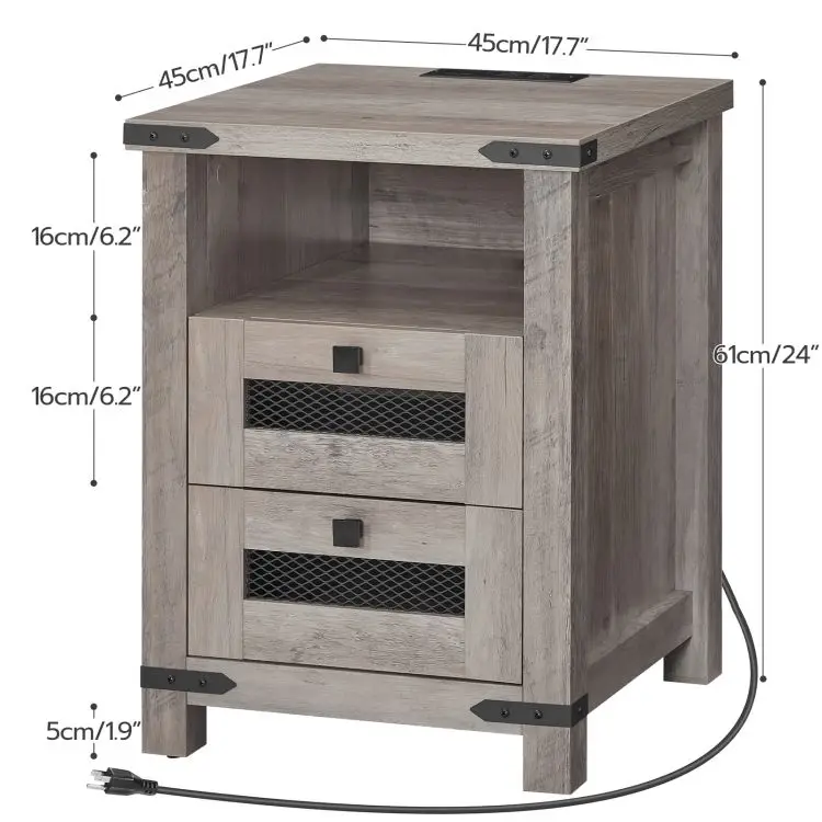 Farmhouse Wooden 1/2 Drawer Bedside Table Wooden Nightstand Bedside End Table With Charging Station And Usb Ports For Bedroom