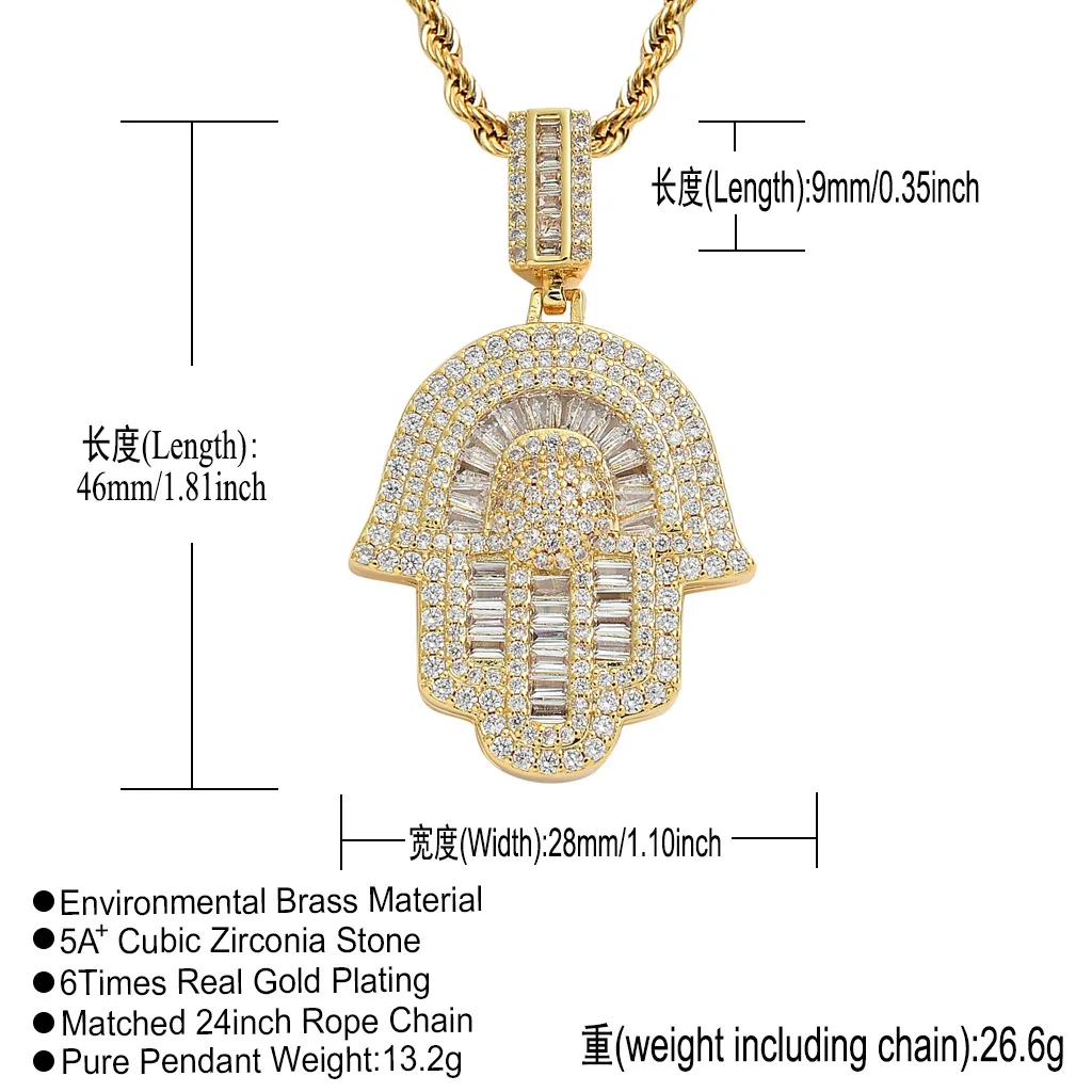 personalized custom diamond jewelry necklace,men women hip hop copper gold plated amulet khamsah necklace pendants jewelry gift