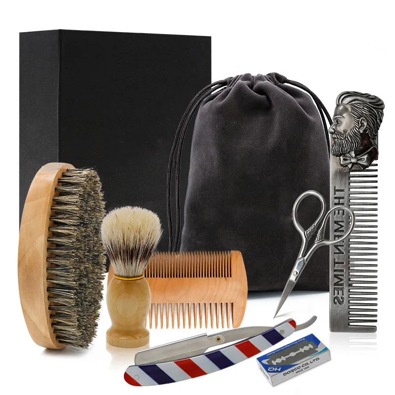 Natural Wood Beard Brush Comb Set Scissors Grooming Kit Shaving Brush For Men OEM Beard Growing Set For Daily Use