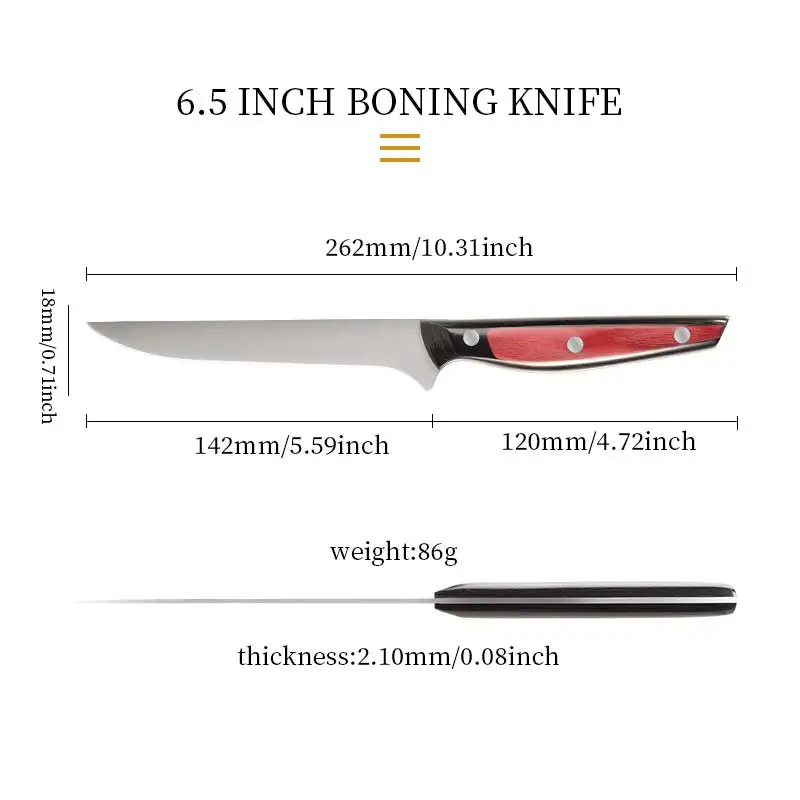 Professional Quality Kitchen Knife Red Pakkawood Handle 6.5 Inch Flexible Boning Knife