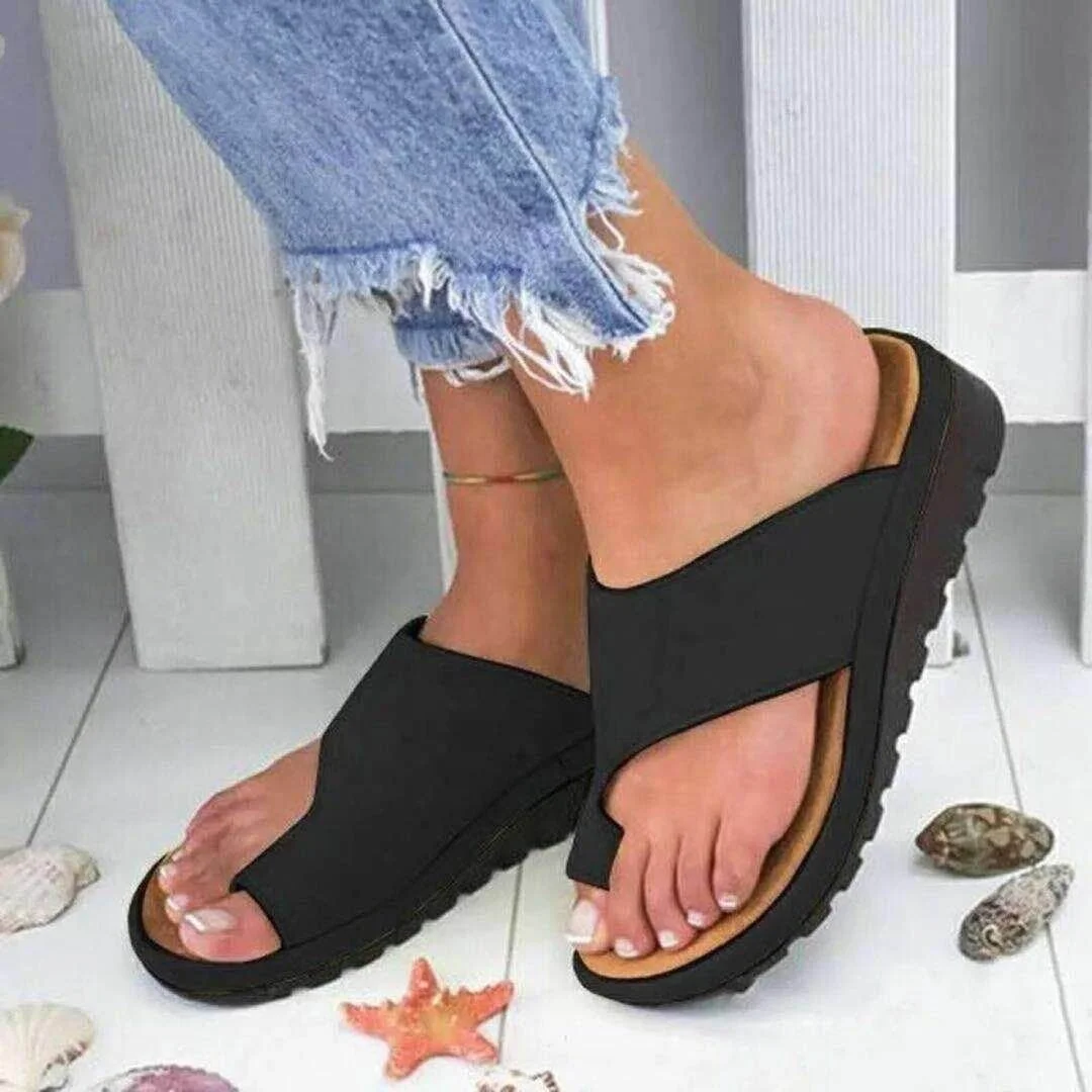 New clip toe flat slippers female flat set toe black foot large size women's slippers