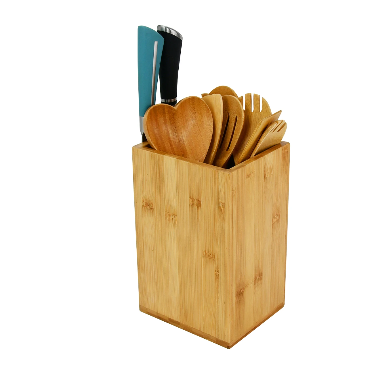 2 in 1 Kitchen Bamboo Countertop Holders Utensil Caddy with Magnetic Knife Holder for Counter Top Storage