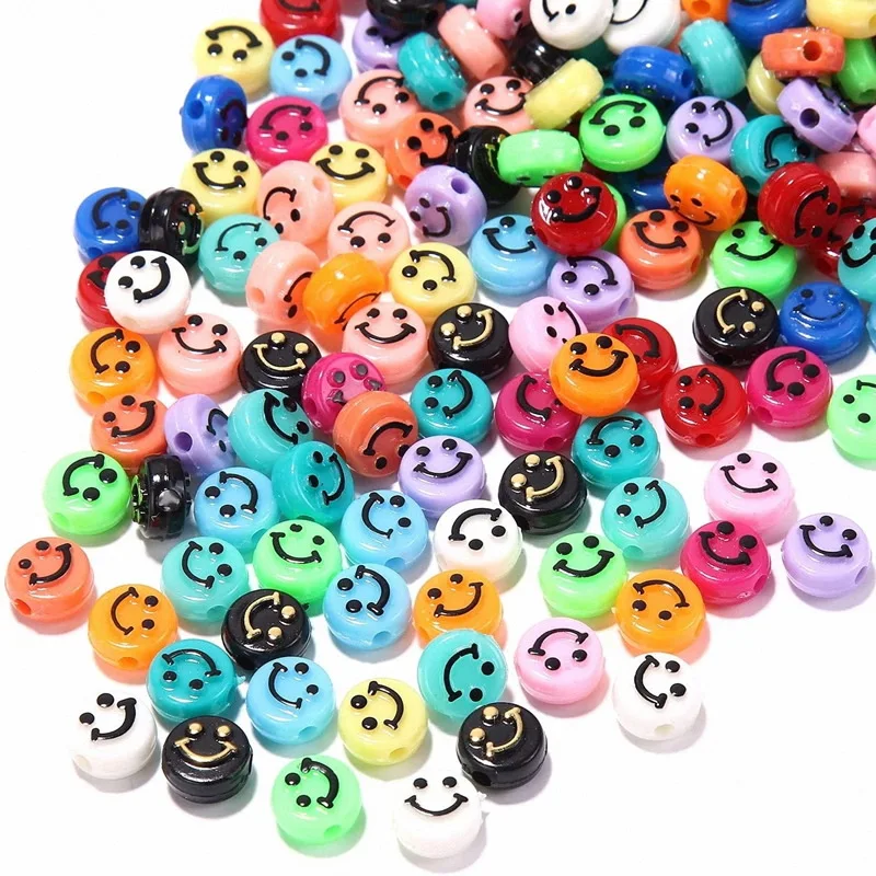 6 * 10mm Acrylic Smiley Face Beads Round Flat Loose Beads Bracelets Handmade Diy Jewelry Accessories Beads Set