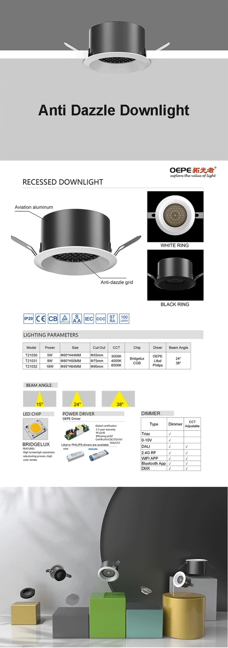 Aluminium Modern Style Recessed COB LED Downlight 5W 9W 18W Anti Dazzle Ceiling Downlight For Hotel Store Showroom