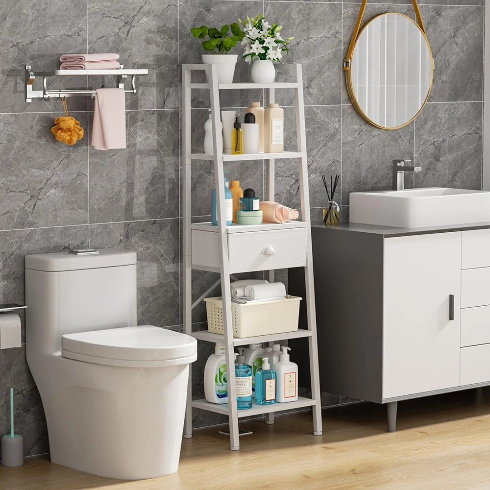 5 Tier Wooden/Metal Modern Bookshelf Ladder Shelf Drawer Tall Narrow Storage Organizer for Living Room Home Office factory