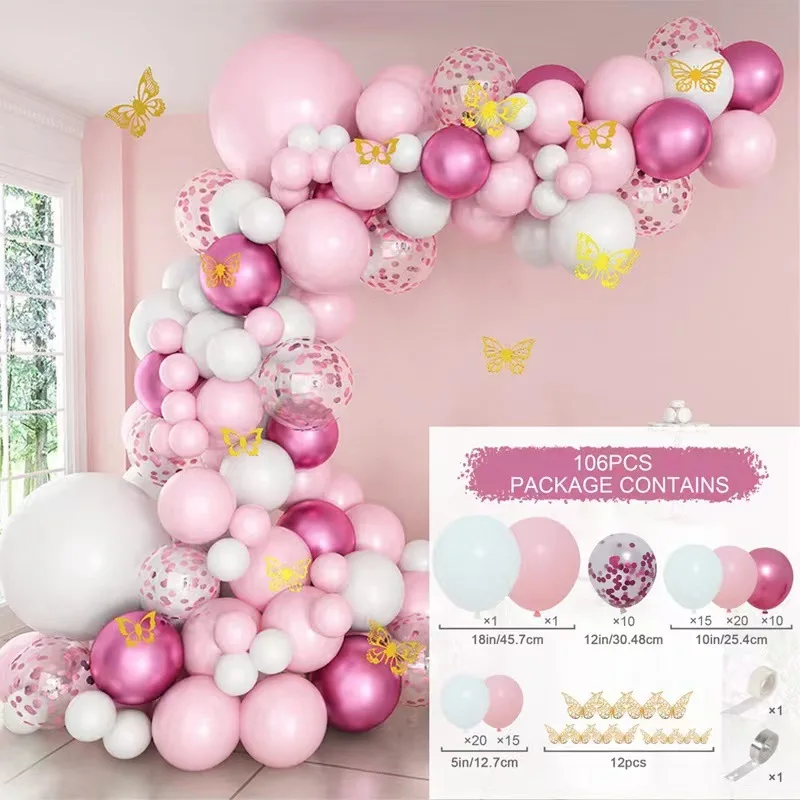 Hot Sale 121Pcs Butterfly Pink and Purple Balloon Garland Set Kids Birthday Party Party Accessories