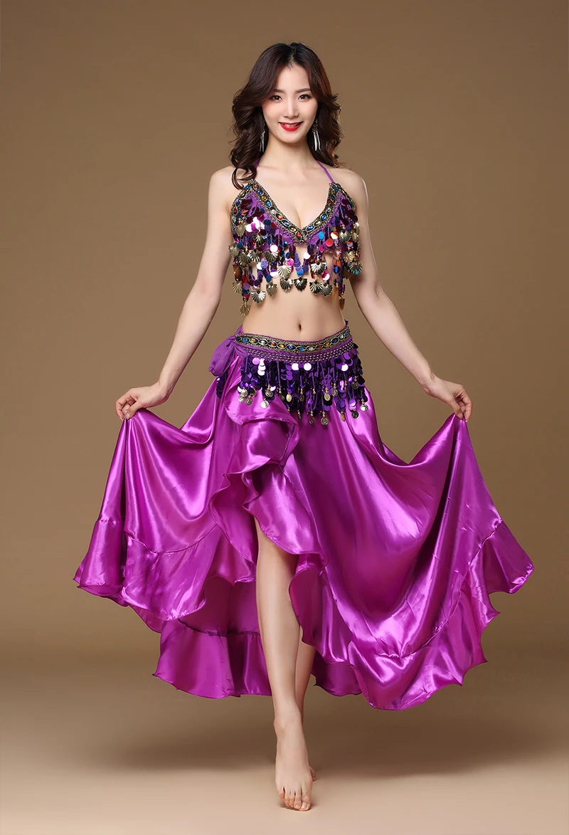 Foulard Danse Orientale SITAKEGS - Jupe à Pompons Violette Avec Paillettes - Taille Adjustable 58-88cm