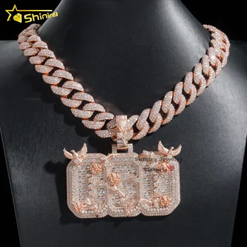 Rose flower bird design 3" width letter pendant custom mens rapper jewelry 925 silver vvs baguette moissanite diamond pendant