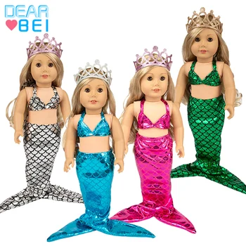 Sequined Big Fishtail Mermaid Swimsuit Three-Piece Set, Sexy Crown Bikini American Girl 18-Inch Doll Clothes