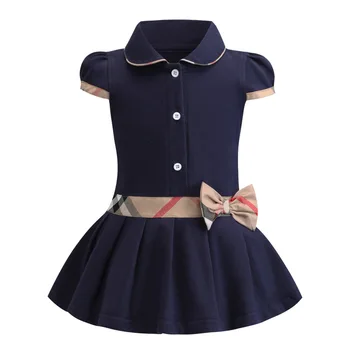 2022 summer girls navy blue casual dress cotton color-blocked plaid bow medium and small children's skirt