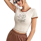 Women Graphic Tees T-shirt Custom Lady Wholesale Crop T Shirts Angel And Letter Graphic Ringer Tee For Women