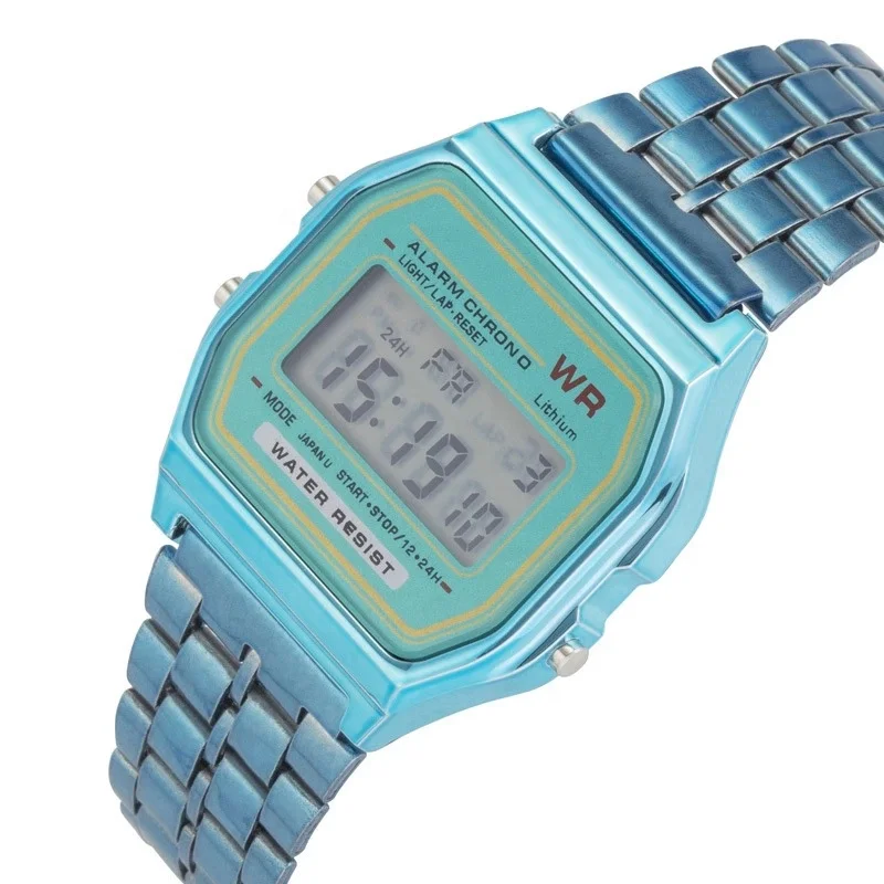 Metallic Plating Chrono LED Watches Stainless Steel Square Multi- Function Digital Watches Men Sports