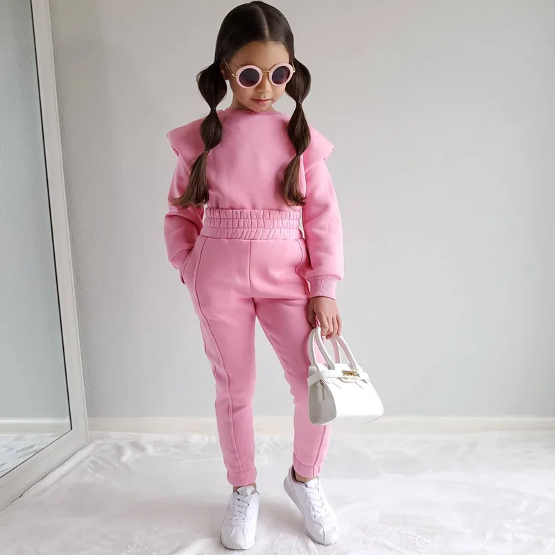 New arrival toddler baby girls 2pcs tracksuits fashion casual solid crewneck sweatshirt pants kids outfits 1-7Y
