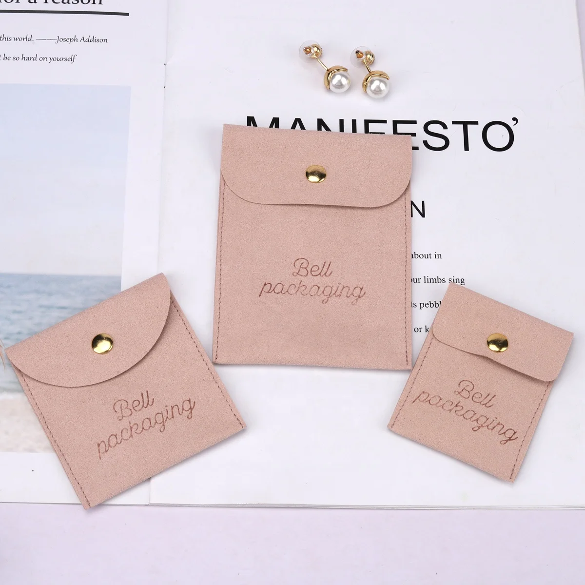 Custom Emboss Logo Microfiber Flap Envelope Jewelry Pouch Luxury Suede Gift Pouch For Earring Jewelry