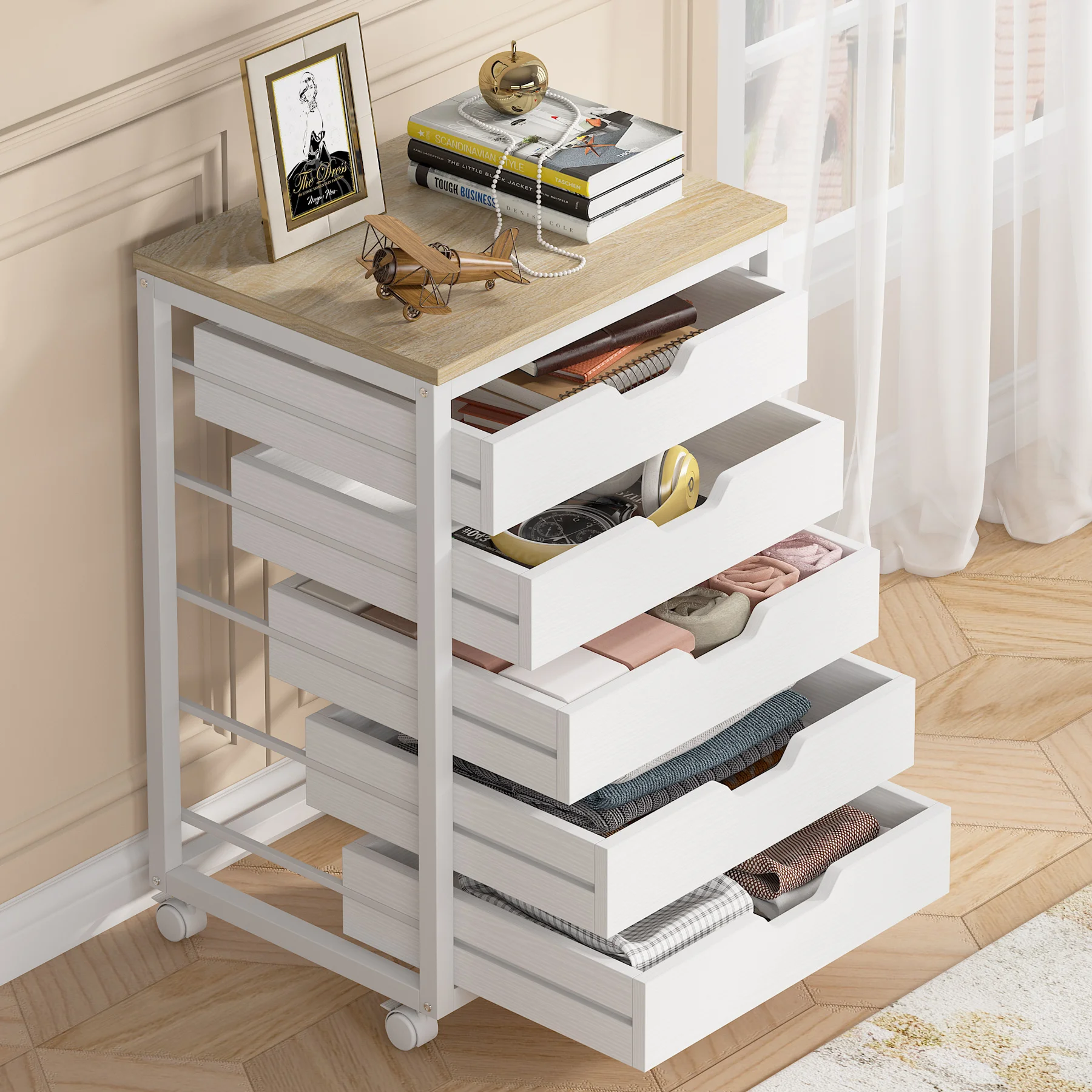 Modern White Multi-functional Sideboard Buffet Corner Wood 5-drawers Storage Cabinet