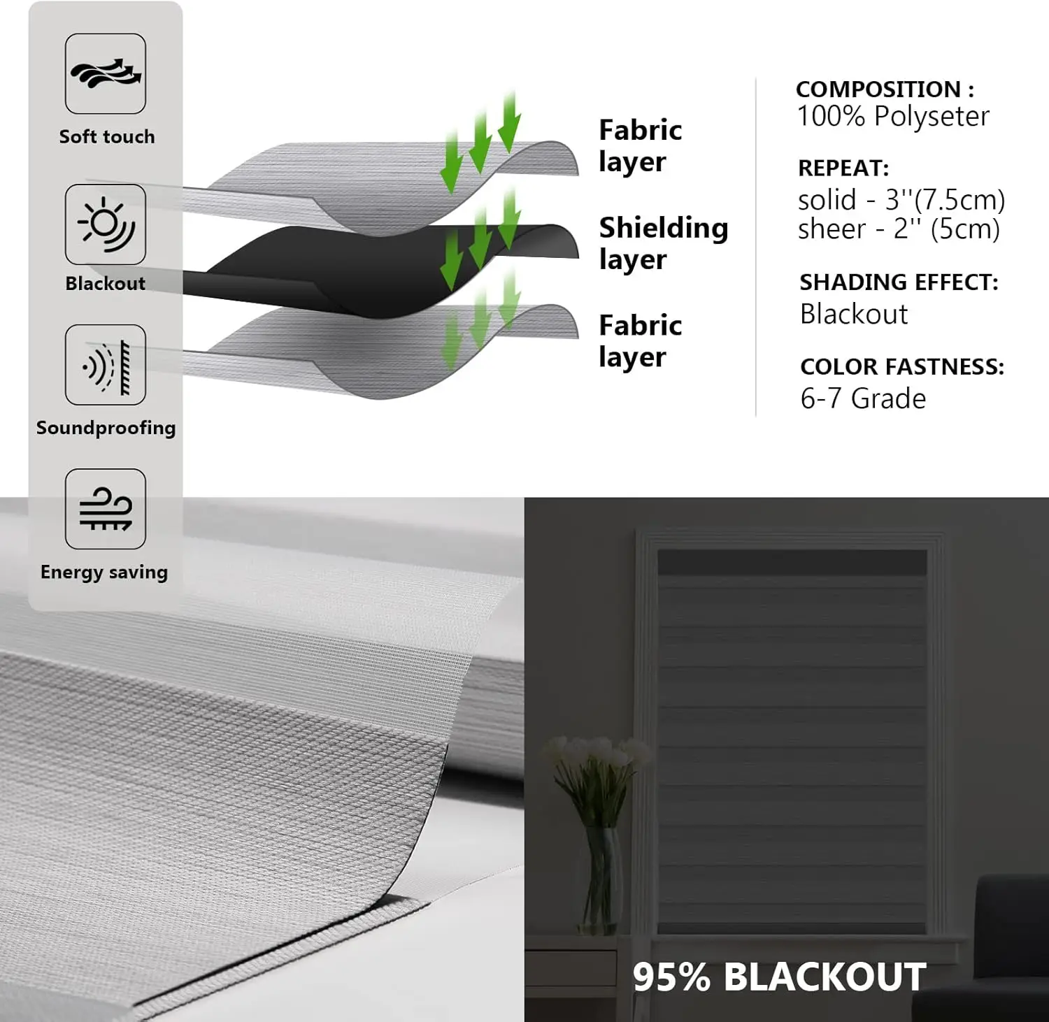 425GSM Double Day and Night Customizable Color Zebra Blinds Fabric for French Window