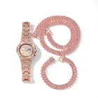 Plated Set Fashion Diamond Watch 12mm Gold Plated Necklace Bracelet Men's Hip Hop Jewelry Set