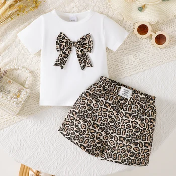 Cotton Short-Sleeved Leopard Printed Shirt and Shorts Set for Infants Young Girls Casual Summer Clothing for Children
