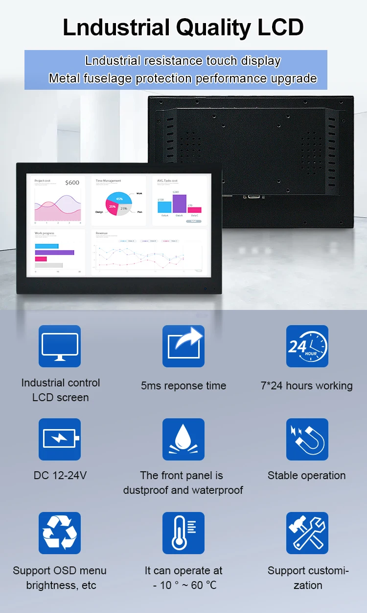 15.6 Inch IPS Monitor with VGA/HD-MI Cable Metal Casing Wall Mount Industrial Use-in Stock