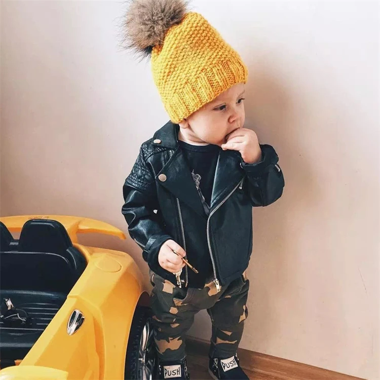 Classic black children autumn winter leather jacket clothes solid color lapel kids baby PU jackets outwear for boys girls