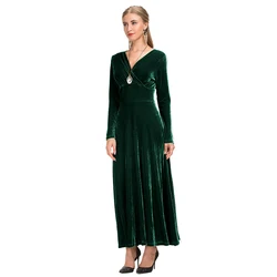 Winter hot sale elegant women party long sleeve sexy V neck velvet fabric evening maxi dress