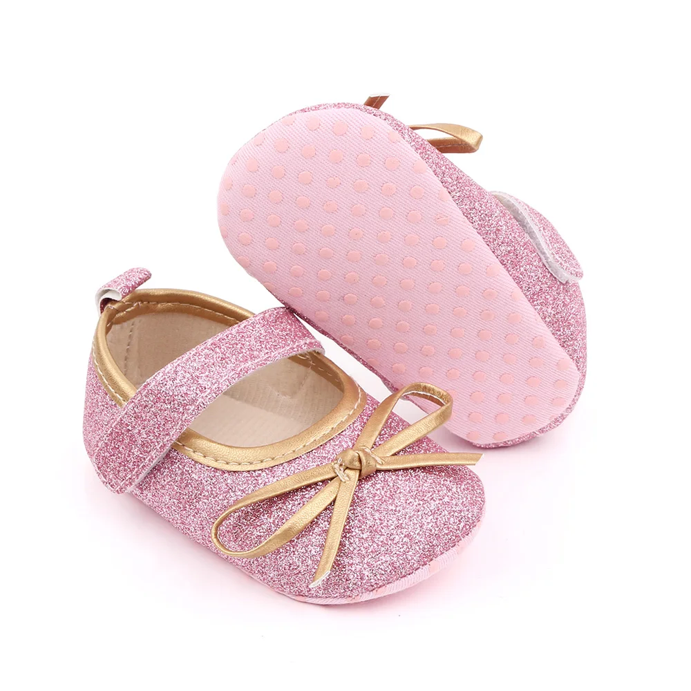 Spring and Autumn Baby Girls Sparkle Solid Color Glitter pink Bow Princess Toddler Shoes factory