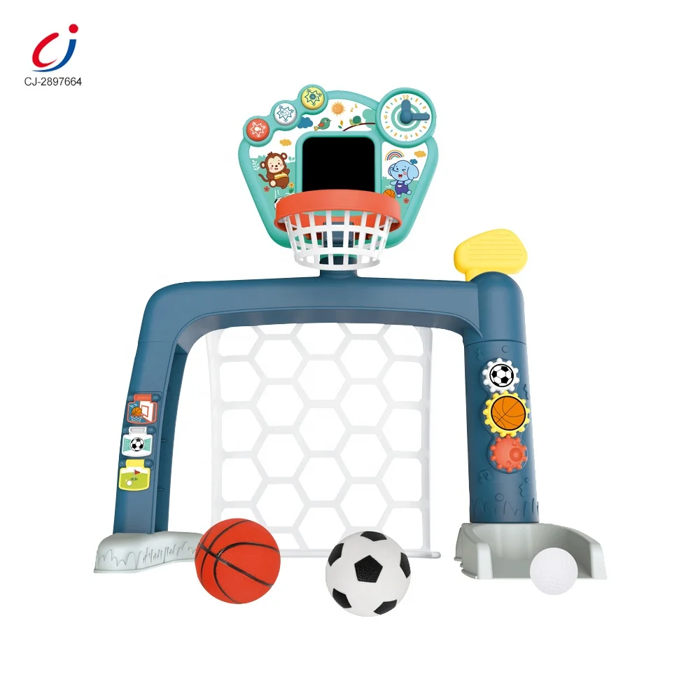 Chengji 3 in 1 interactive sport football basketball indoor sport toy set portable indoor basketball hoop toy with scoreboard