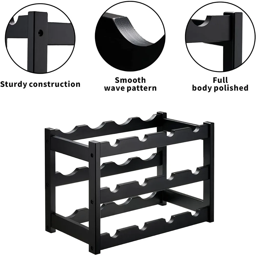 Modern 3-Tier 12 Bottles Bamboo Wine Rack Sturdy Durable 3-Degree Swivel Black Storage Cabinet Shelf for Countertop Pantry factory