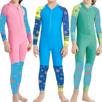 Custom Printing Patchwork One Piece Swimsuit Unisex Anti-UV Long Sleeve Kids Swimsuit Zipper Swimwear