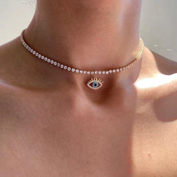 New design women rhinestone clavicle choker necklace zircon Turkish blue evil eye pendant necklace