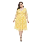 Yellow Most Popular Casual Easy V-neck Solid Yellow Lace Plus Size Women's Dress