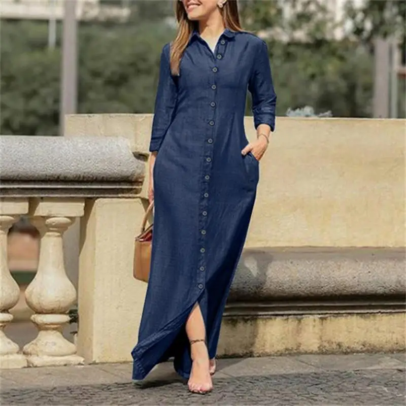 Woman Plus Size Autumn New Casual Long Denim Dress Women's Fashion Solid New Lapel Pocket Button Shirt Dresses supplier