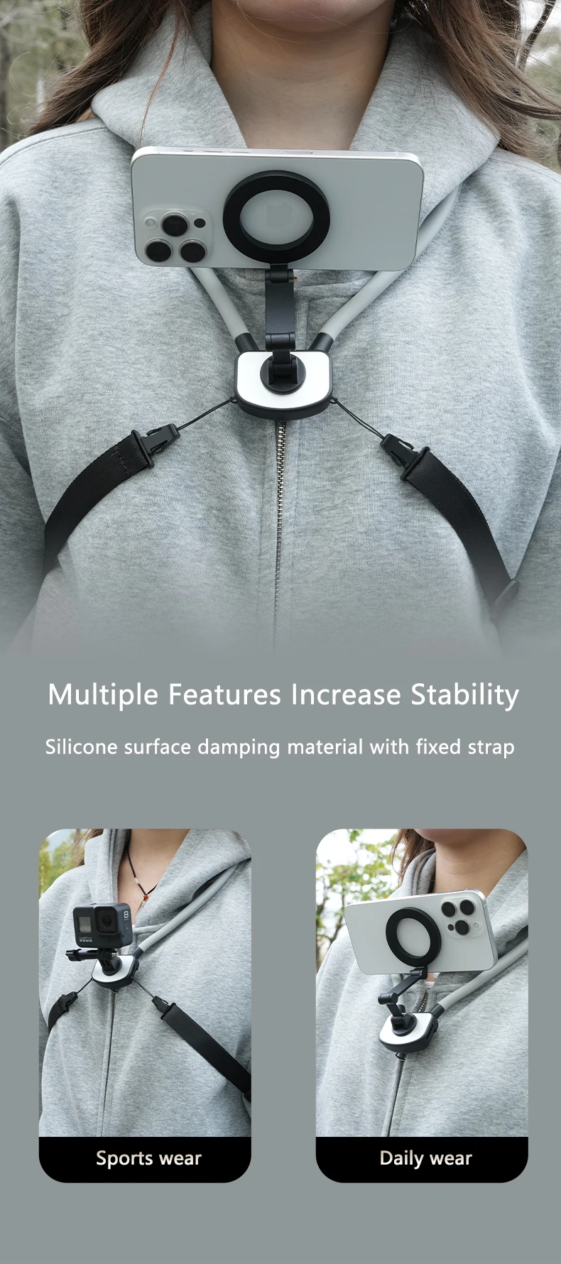 Lanparte Flexible Video Shooting Hands-Free Magnetic Cell Phone & Action Camera Holder Neck Strap for Comfortable Shooting