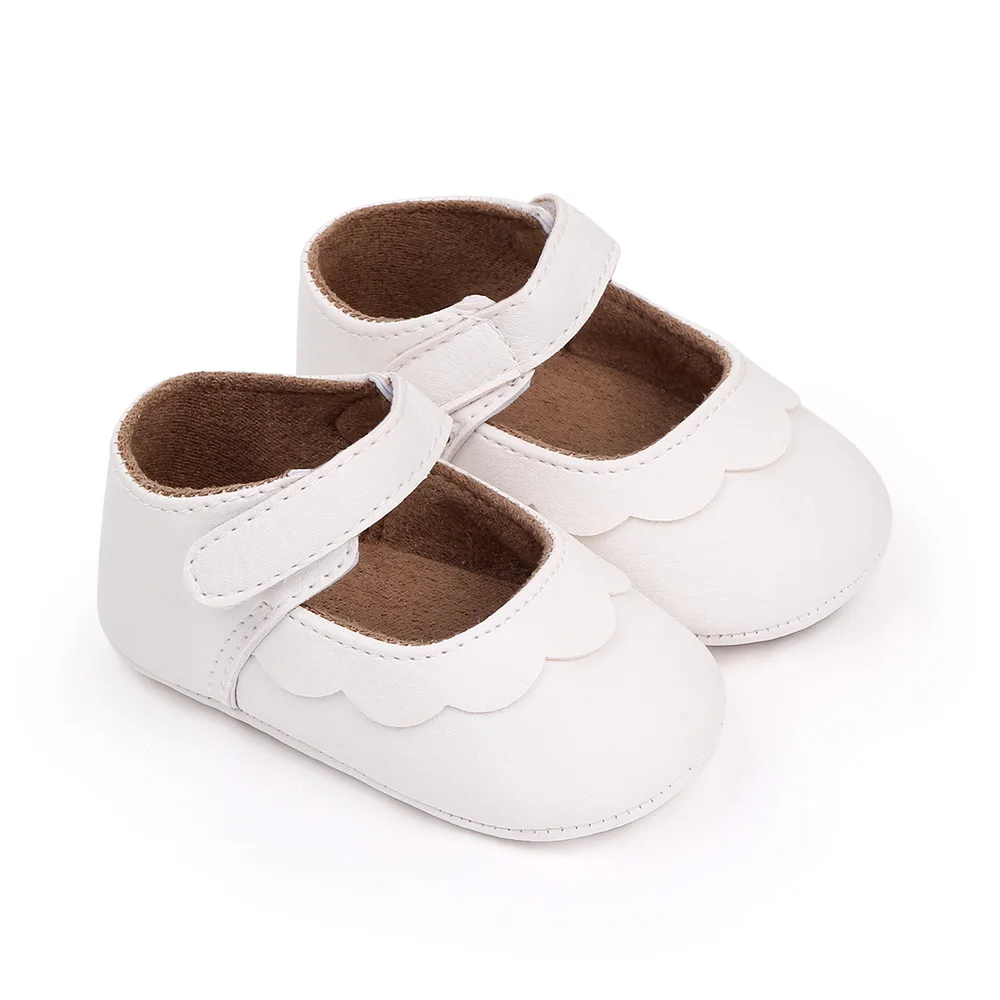 Solid Color PU Leather Top Wave Lace Baby Girls Non-slip Soft Soled Princess Toddler Shoes details