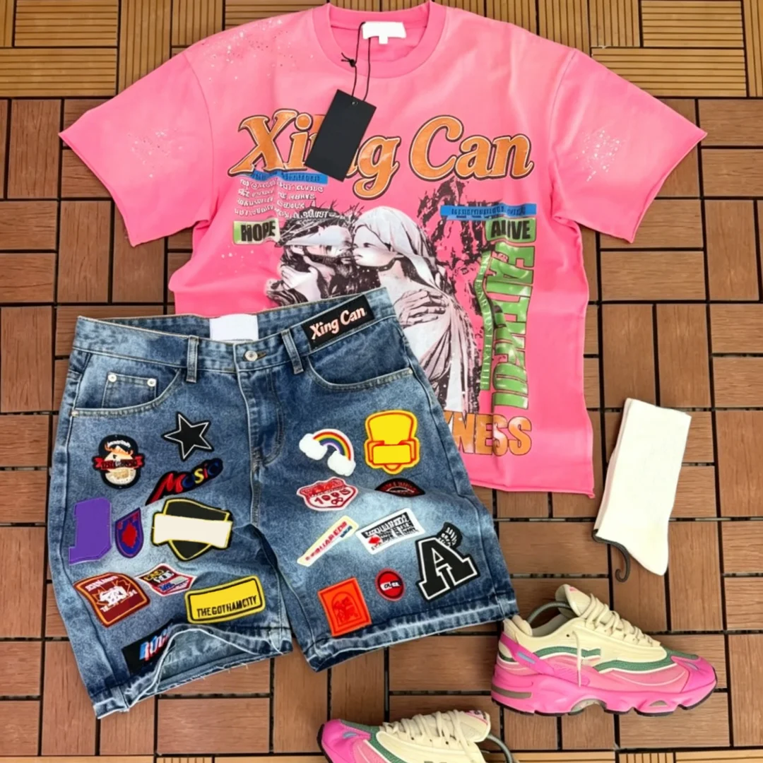 product high street set heavyweight cotton vintage washed dtg digital print t shirt badge patch denim shorts y2k mixed custom design154-1