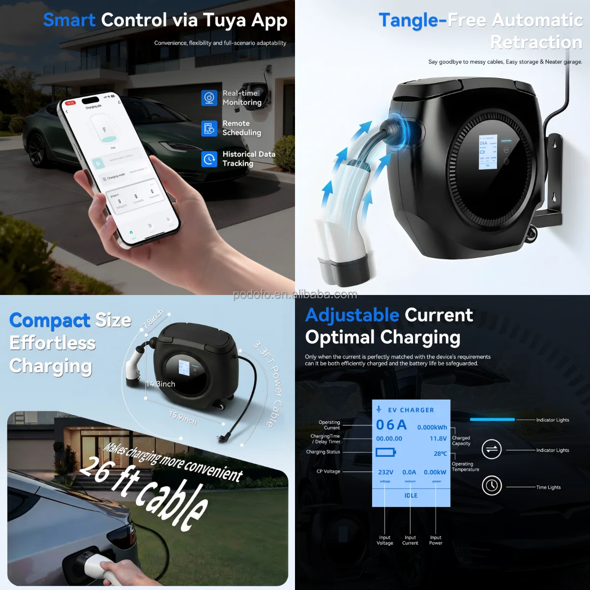 podofo retractable ev charger portable ev charging station nacs plug type 2 16a 37kw smart compact home charging station oem x3036eubk-3