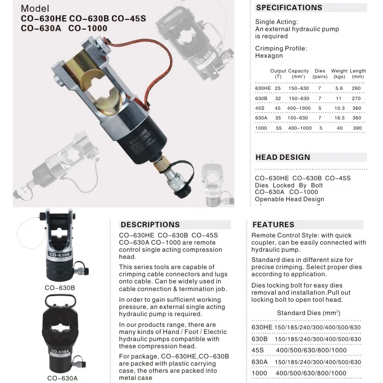 CO-630HE Single Acting Hydraulic Pump Crimping Compression Head
