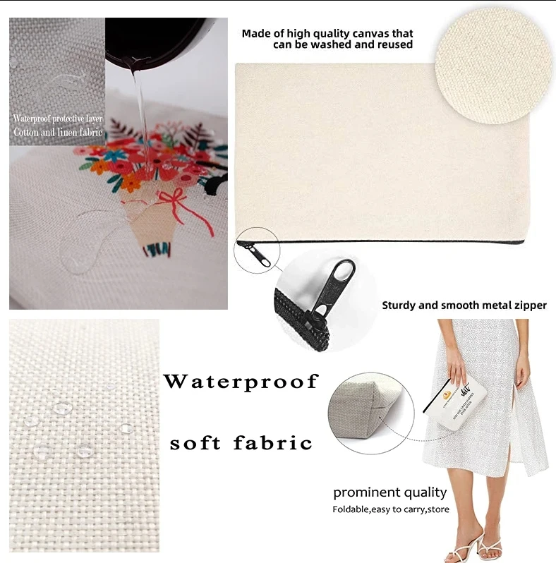 Custom Logo Printed Cotton Canvas Travel Cosmetic Bag Eco-Friendly Folding Makeup Pouch With Zipper for Storage Gifts Included factory