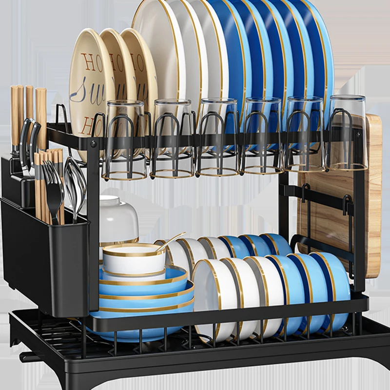 New cabinet double-layer dish storage rack  iron drainage bracket miscellaneous rack punching free storage rack drainage