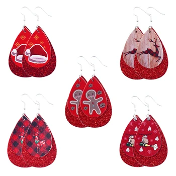 Christmas New Arrival Various Colors Double Layer Glitter Dangle Water Drop Teardrop PU Leather Earrings For Women
