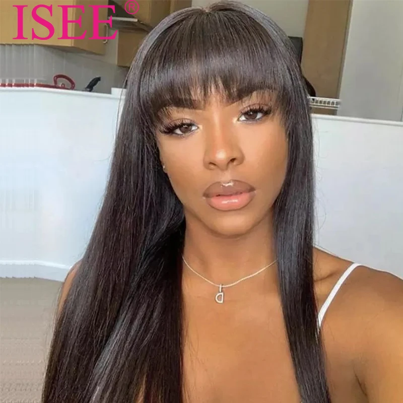 Isee Factory Dropship Natural Black Lace Front Human Hair Wigs With Bangs  For Women Straight Hair Bangs Wig - Buy Black Lace Front Human Hair Wigs  With Bangs For Women,Straight Hair Bangs