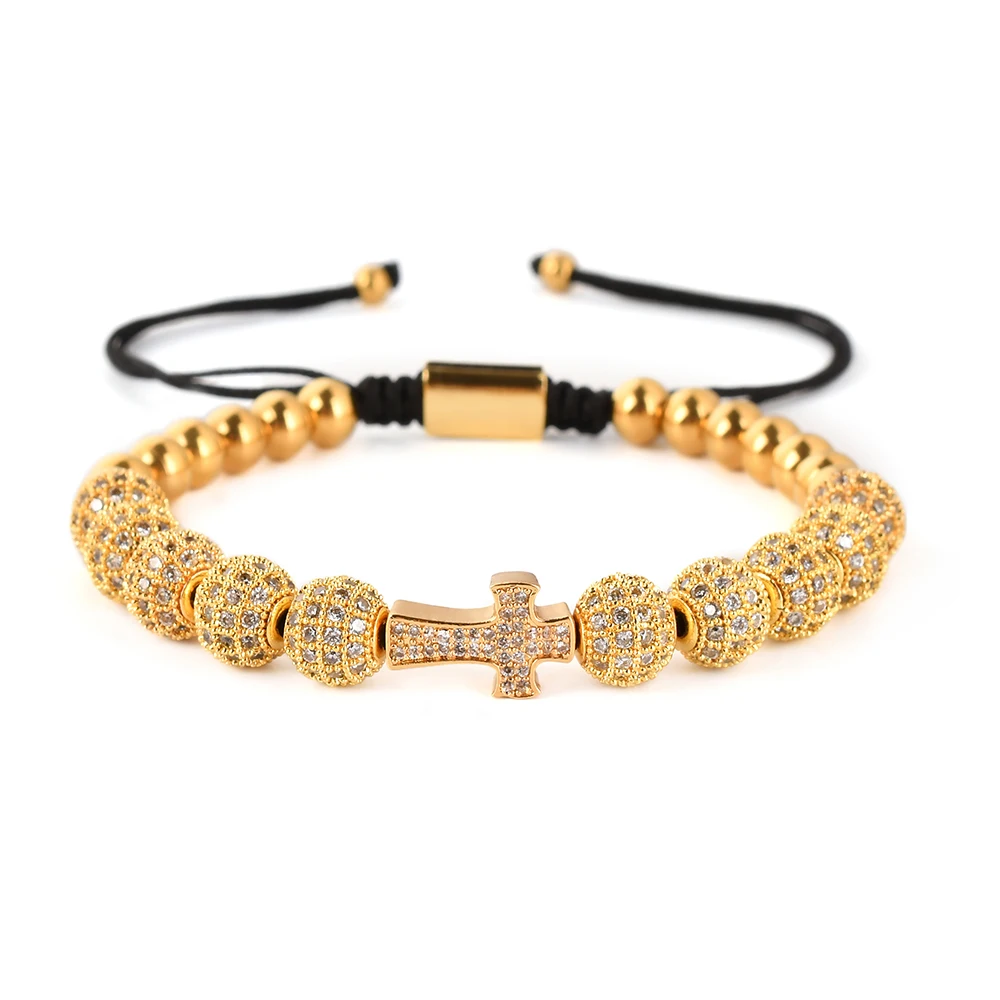 F264  Custom Adjustable Cross Zircon Handmade Bead Charms Beaded Gold Plated Grass Mosaic Design Bracelets For Men
