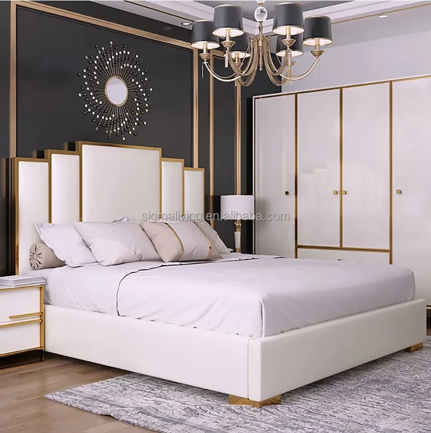 Modern white geometric headboard included faux leather queen upholstered bed