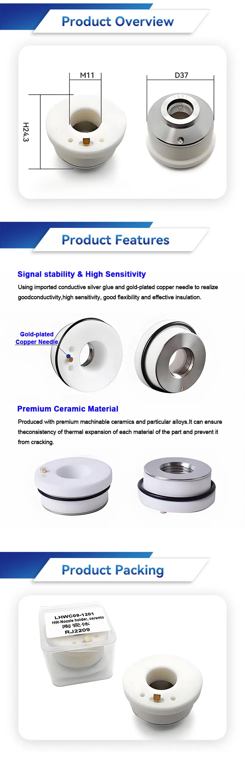 D37 H24.3 M11mm Laser Ceramic Nozzle Holder New Condition Ceramic Cutting Machine Body for Hankwang HCH-S01201 Ceramic Rings