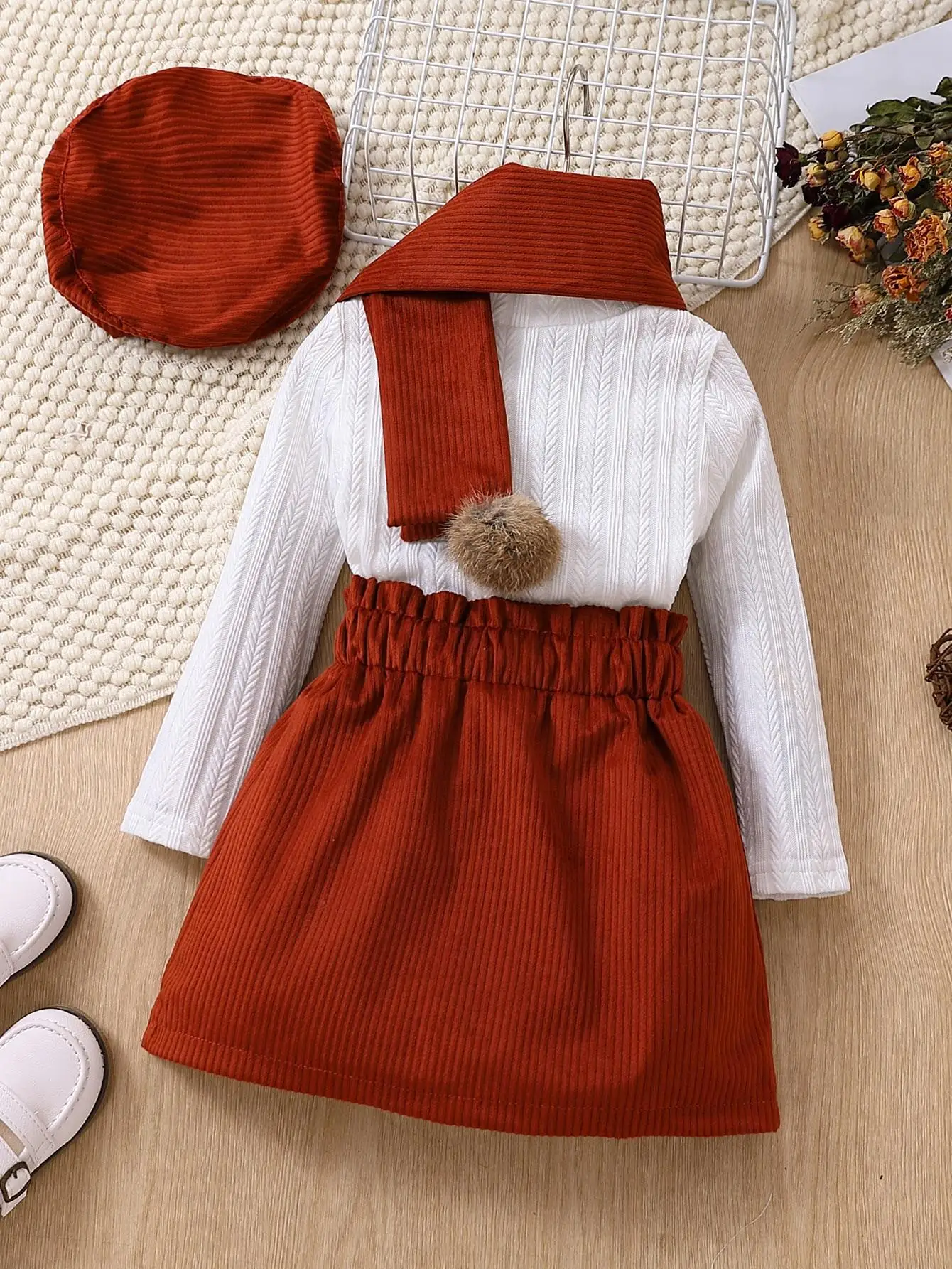 New Korean toddler girls 4pcs clothing sets fashion long-sleeved skirt suit+scarf+beret boutique baby girls fall outfits
