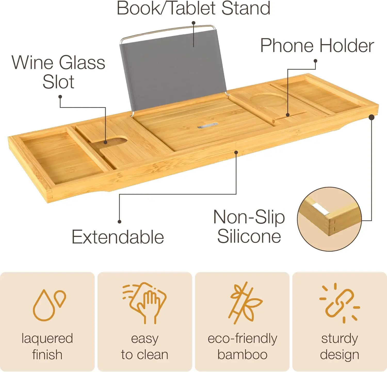product luxury bathtub bathroom accessories expandable bath tray premium foldable bamboo wood bathtub tray for home-5