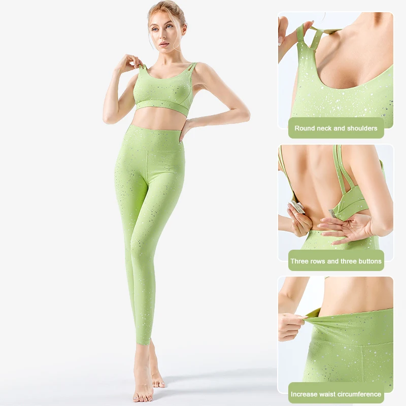 High Quality Glitter Design Sexy Slim Back Three Rows Three Buttons Spandex Yoga Set Female Gym Fitness Set